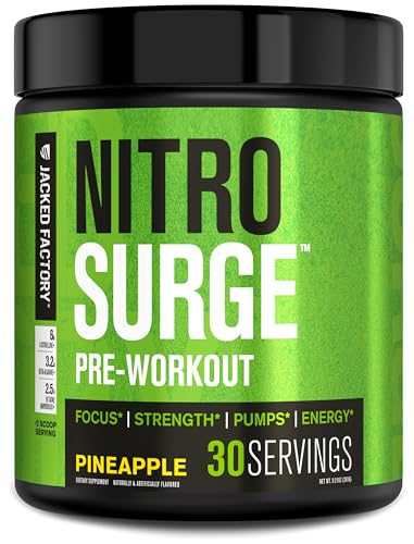 Jacked Factory NITROSURGE Pre Workout Supplement - Endless Energy, Instant Strength Gains, Clear Focus, Intense Pumps - NO Booster & Powerful Preworkout Energy Powder - 30 Servings, Pineapple