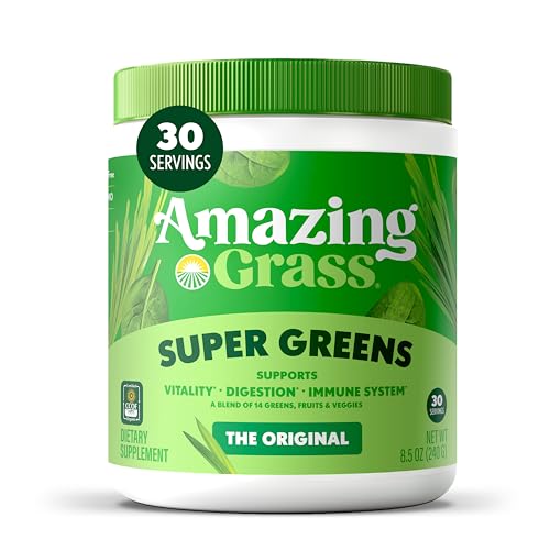 Amazing Grass Super Greens Powder, Organic, Greens Superfood Powder, Smoothie Supplements, Supports Digestion, Probiotics, Spirulina, Beet Root, Original, 30 Servings, 8.5 Ounce (Packaging May Vary)