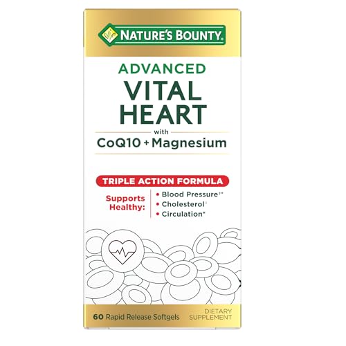 Nature’s Bounty Advanced Vital Heart with CoQ10 + Magnesium, Antioxidant, Supports Healthy Blood Pressure, Cholesterol, Circulation, Triple Action Formula, CoQ10, Magnesium Supplement, 60 Softgels
