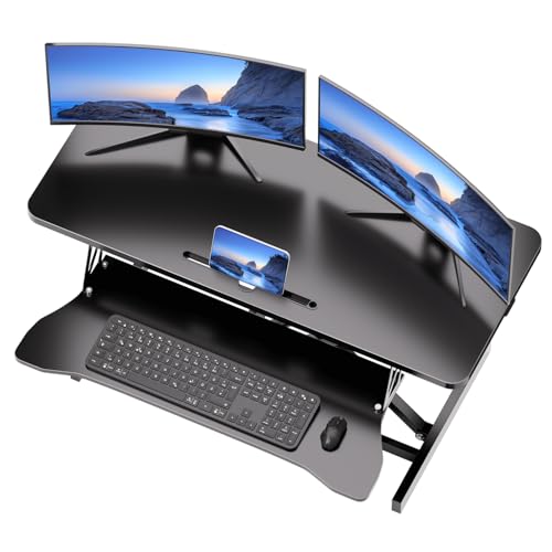 OUKMIC 32" Stable Standing Desk Converter, Height Adjustable Sit to Stand Up Desk Riser with Keyboard Tray for Home or Office, Wide 2-Tier Desktop, Dual Monitor and Computer Workstation, Black