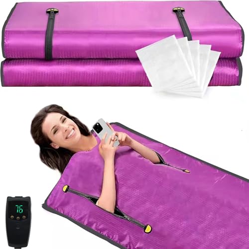SEIYIJAY Infrared Sauna Blanket, Upgraded Blanket for Detox, Home Sauna with Remote, Including 5 Pieces Plastic Sheeting for Body Wrap (Purple)