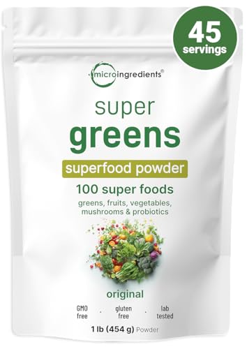 Micro Ingredients Super Greens Powder, 1lb | 100 Superfood Blend with Daily Greens, Probiotics, Fruits, Vegetables & Mushrooms | Source of Vegan Protein & Enzymes | Non-GMO, Gluten-Free, No Additives