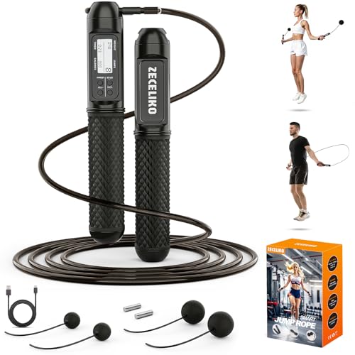 ZECELIKO Smart Jump Rope with LED Display and Jump Counter, Weighted Cordless Design for Home Gym & HIIT, Adjustable Steel Wire for Fitness, Tracks Jumps, Calories & Time, for Men, Women & Kids