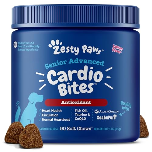 Zesty Paws Cardiovascular Support for Dogs - Taurine for Dogs - with CoQ10, L Carnitine & Sea Buckthorn - Senior Heart Health - AlaskOmega Fish Oil Omega 3 - Senior - Salmon - 90 Count
