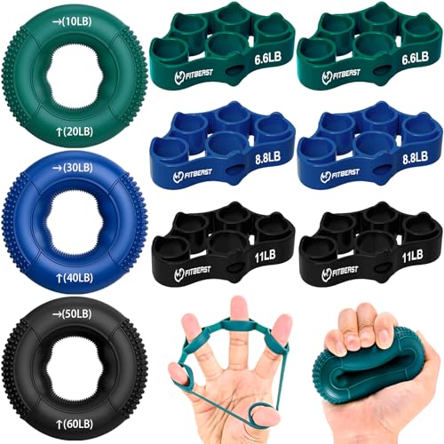 FitBeast Hand Grip Strengthener, Finger Exerciser, Forearm Strengthener Kit - 9 Pack, Targeted Hand & Forearm Strength, Relief & Recovery Kit (Deep Blue)