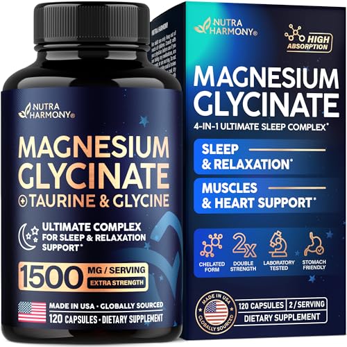 Magnesium Glycinate - Sleep & Relaxation Support - Extra Strength Glycinate, Glycine & Taurine 1500 mg - Magnesium Supplement for Women & Men - Chelated & High Absorption - Lab Tested - 120 Capsules