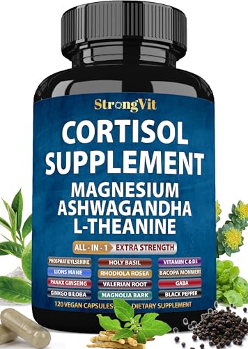 StrongVit Cortisol Supplements for Women and Men with Magnesium, Ashwagandha & L-Theanine. High Cortisol Reducer, Manager, Detox, Lower and Control. Sleep Support & Stress Relief, USA (120 Capsules)