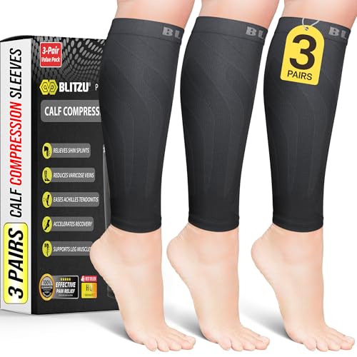 BLITZU 3 Pairs Calf Compression Sleeves for Men and Women. Footless Compression Socks & Leg Support for Running, Travel, Nursing, Fitness. Shin Splints Pain Relief & Reduce Swelling Black L-XL