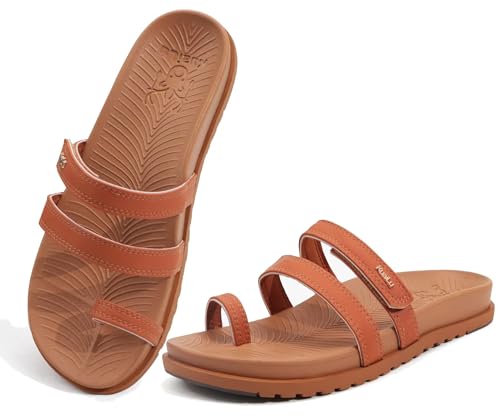 KuaiLu Womens Slides Sandals With Arch Support Comfort Plantar Fasciitis Yoga Mat Cushion Sandals Fashion Summer Beach Walking Adjustable Ladies Flat Orthotic Slip On Sandles Khaki Size 8
