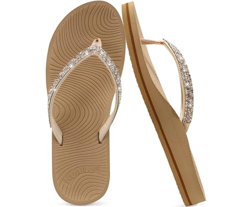KuaiLu Women's Rhinestone Flip Flops with Comfort Arch Support Yoga Mat Cushion Sandals Fashion Summer Beach Travel Walking Thong Orthopedic Sandles Slip on Plantar Fasciitis Beige 6