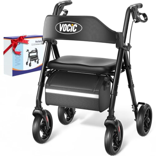 VOCIC Walkers for Seniors, Z21 Rollator Walker with Seat Supports 350lb, 8" Big Wheels for All Terrain, Ergonomic Arc Seat & 6" Ultra Backrest Foldable Walker, Dual Height Adjustment, Lightweight 2025