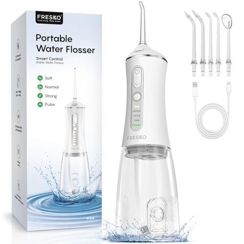 FRESKO Water Dental Flosser for Teeth, 300ML Cordless Flosser with Constant Pressure, Rechargeable Oral Irrigator Cleaner for Travel Home Use and Braces Care, IPX7 Waterproof, 5 Jet Tips