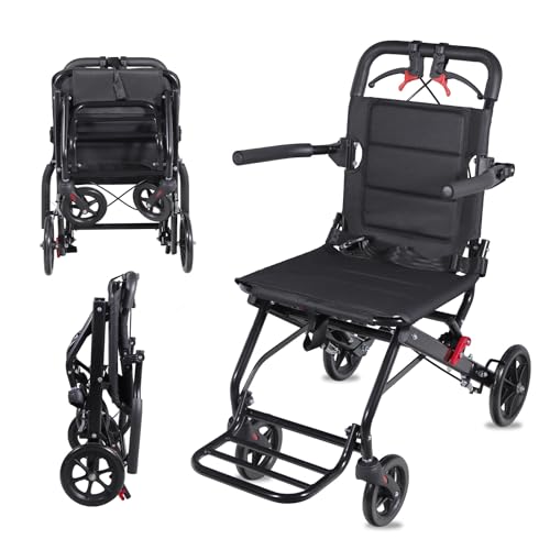 Ultra Lightweight Foldable Travel Wheelchair, 17.6 lbs Carbon Steel High Load-Bearing Capacity,Transport Chair for Adults and Seniors, Portable Manual Wheelchair Ideal for Travel (Black)