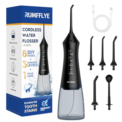 RUMFFLYE Water Dental Flosser Teeth Pick 300ML Portable Cordless Oral Irrigator for Teeth Cleaning with 4 Modes 5 Jet Tips 12 Pressure Settings USBCharger IPX7 Irrigation Cleaner for Home Travel Black