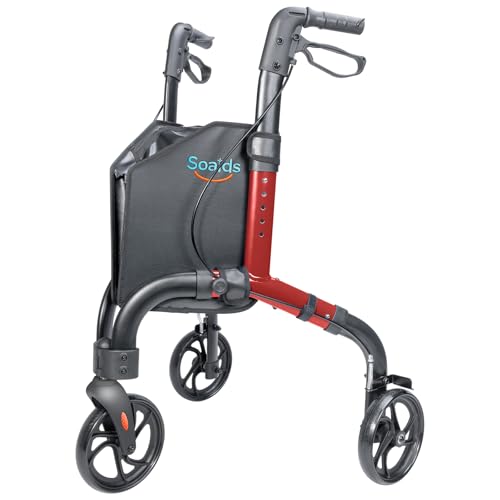 Soaids 3 Wheel Walkers for Seniors with Bag and Hand Brakes, Lightweight Foldable Rollator with Swivel Front Wheel, Adjustable Height, Compact Mobility Aid for Elderly, Indoor Outdoor Use (Red)