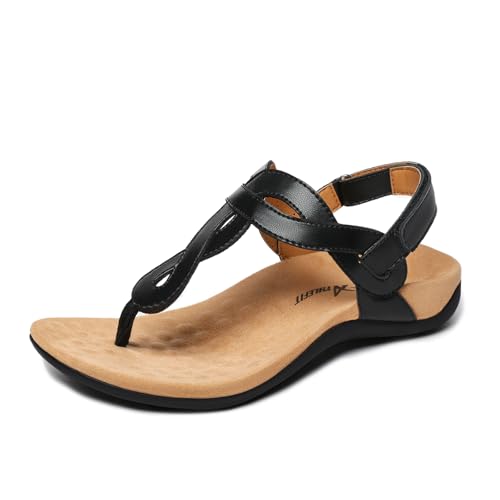 Athlefit Womens Black Orthopedic Arch Support Sandals Casual Summer Walking Adjustable Thong Sandals for Women Size 8