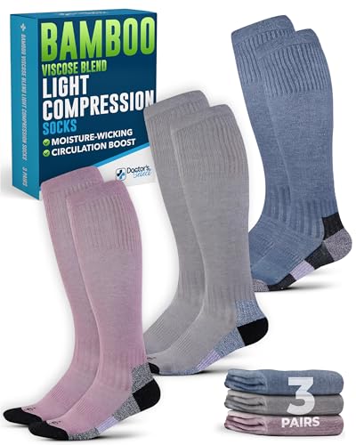 Doctor's Select Bamboo Viscose Light Compression Socks for Women & Men - 3 Pairs, Knee High Comfort and Support, 8-15 mmHg Compression Socks Women, Gray, Blue, Rose