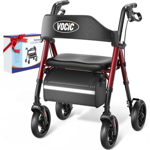 VOCIC Walkers for Seniors, Z21 Rollator Walker with Seat Supports 350lb, 8" Big Wheels for All Terrain, Ergonomic Arc Seat & 6" Ultra Backrest Foldable Walker, Dual Height Adjustment, Lightweight 2025