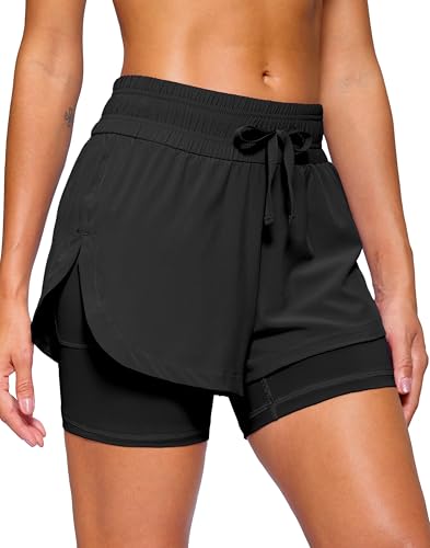 Soothfeel Women's 2 in 1 Running Shorts 5" Athletic Shorts High Waisted Workout Gym Tennis Exercise Shorts with Liner Pocket Black S