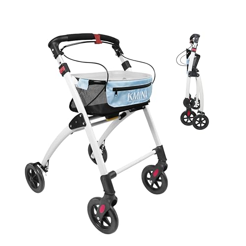 KMINA Narrow Walker for Small Spaces, Foldable Walker with Tray and Basket, 4 Wheels and Brakes, Lightweight Indoor Rollator for Seniors, Blue, PRO Model