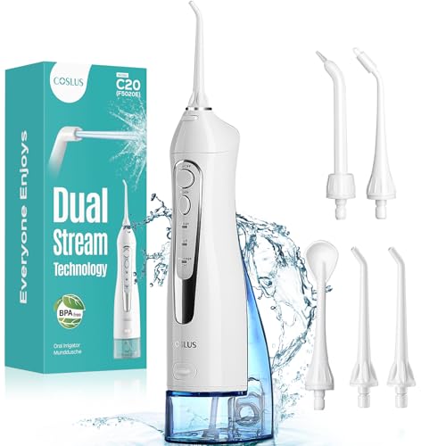 COSLUS Water Dental Flosser Teeth Pick C20: ADA Accepted, Portable Cordless Oral Irrigator 300ML Rechargeable Travel Irrigation Cleaner IPX7 Waterproof Electric Flossing Machine for Teeth, White