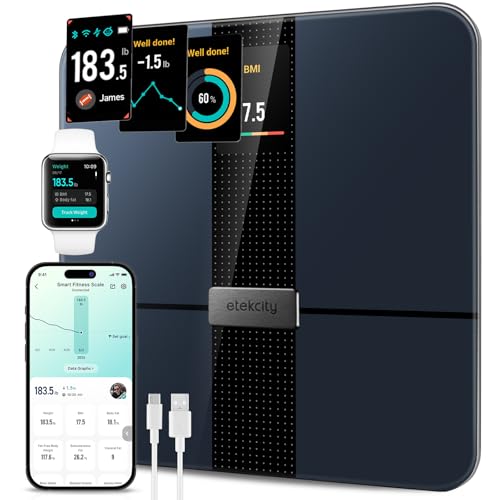 Etekcity FSA&HSA Eligible Smart Scale for Body Weight Fat, Digital Weighing Machine for Accurate BMI Muscle Mass Composition, Apple Health Compatible Fitness Equipment,TFT,Tempered Glass,Black