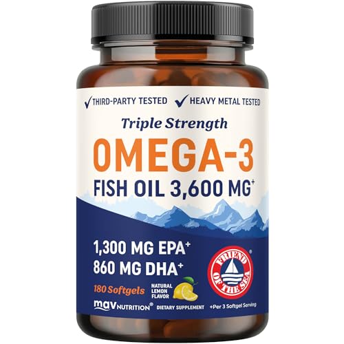 Triple Strength Omega 3 Fish Oil 3600 mg | EPA & DHA | Over 2100mg Omega-3 Fatty Acids | 1300mg EPA + 860mg DHA | Best Essential Fatty Acids | Premium Wild Caught & Burpless Fish Oil | 180 Ct