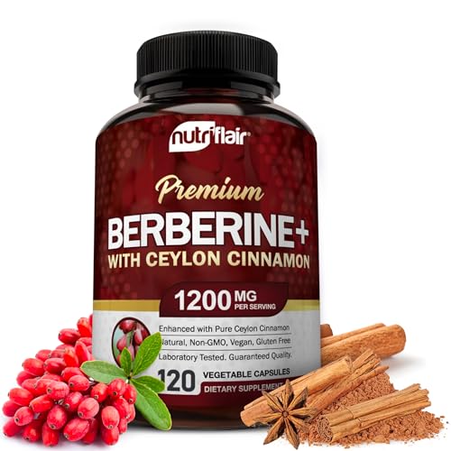 NutriFlair Berberine HCl 1200mg, 120 Capsules - Plus Ceylon Cinnamon, Berberine HCI Root Supplements Pills - Made in USA
