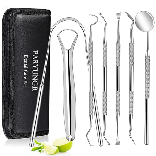 PARYUNGR 7 Pack Dental Tools, Teeth Cleaning Oral Care Hygiene Kit, Stainless Steel Tongue Scraper Plaque Tartar Remover Dental Picks Mouth Mirror, Professional Tooth Cleaner Tool Set with Case