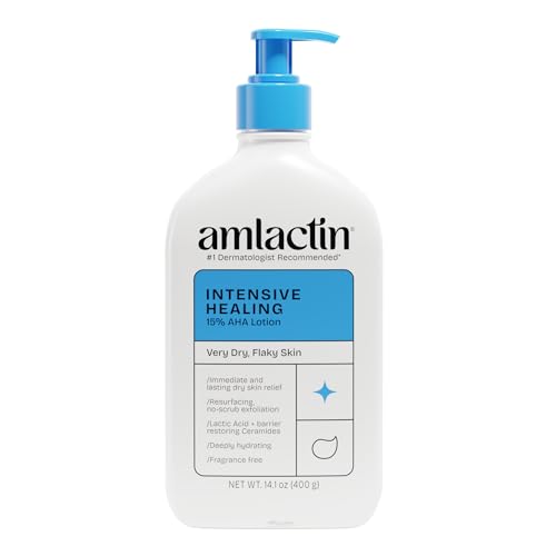AmLactin Intensive Healing Body Lotion - Therapeutic Lotion for Extremely Dry Skin - No-Scrub Exfoliator and Moisturizer with 15% Lactic Acid AHA and Ceramides, 14.1 oz (Packaging May Vary)