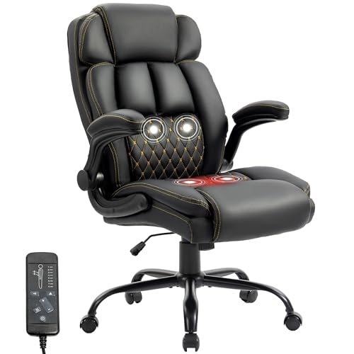 Massage Office Chair, 500LBS Ergonomic Rocking Executive Desk Chairs with 4 Points Vibration&Heat,Padded Flip-up Armrests for Big and Tall Office Chair,Swivel Computer Chair Thicken, PU Black