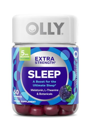 OLLY Extra Strength Sleep Gummies for Adults, 5 mg Melatonin Sleep Support Supplement* L-Theanine & Botanical Extracts, Restful Sleep Support*, BlackBerry Zen Flavor, Gluten Free, 50 Count