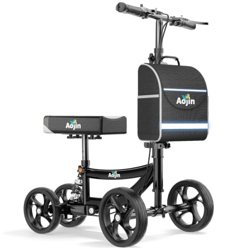 Aojin Knee Scooter for Adults for FootInjuries, 300lbs Capacity, All Terrain Foldable Knee Scooter Walker with Bag, 13" Wide Pu Seat, Compact Crutches Alternative (Black)
