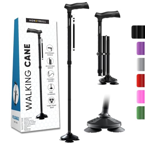 HONEYBULL Walking Cane for Men & Women Foldable, Adjustable, Heavy Duty, Free Standing, All Terrain, Collapsible Walking Sticks for Seniors & Adults (Black)