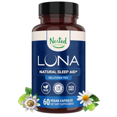 Nested Naturals Luna Melatonin-Free Sleep Supplement - Non-Habit Forming Herbal Sleep Supplement, Adult Bedtime Support, Help Sleeping w/Chamomile, Valerian, L-Theanine - 60 Vegan Capsules