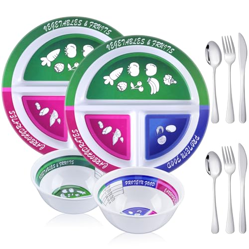 Singhoow 4 Pcs Portion Control Plate Bowls Set with 6 Pcs Stainless Steel Silverware 8.5 Inch Bariatric for Portion Control Divided Diet Bowl for Weight Loss Balanced Eating Adult