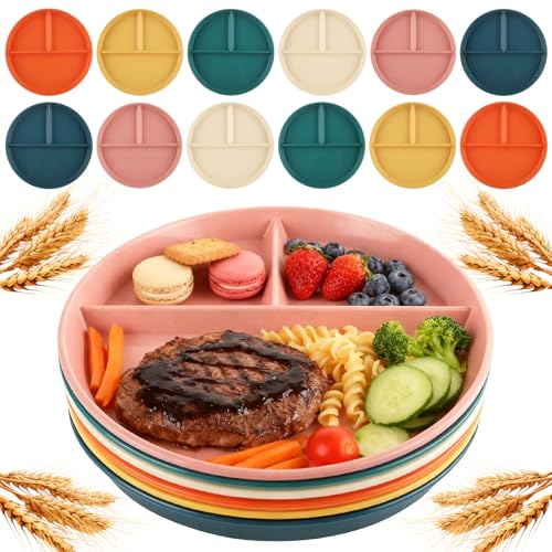 LDXDRU 12 Pack Divided Plates for Adults, 9 Inch Portion Control Plates, Reusable Wheat Straw Dinner Plates for Meal Prep, Dieting, Snacks and Everyday Meals, Microwave Dishwasher Safe, 6 Colors