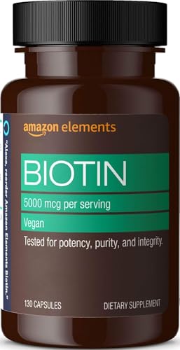 Amazon Elements Vegan Biotin 5000 mcg for Hair, Skin, and Nails, 130 Capsules, 4 Month Supply (Packaging may vary)