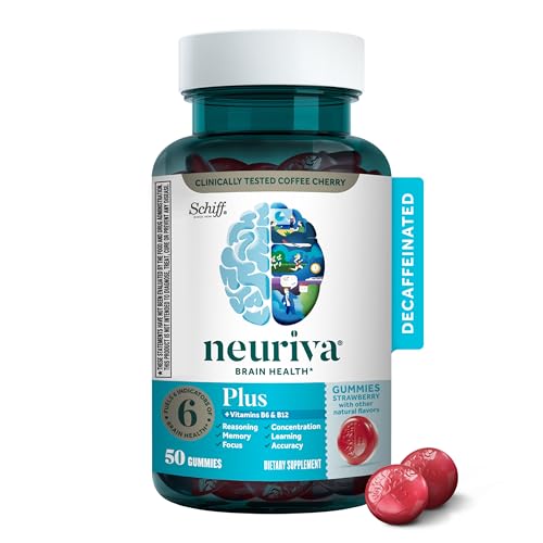 NEURIVA Plus Brain Supplements for Memory and Focus, Clinically Tested Nootropics Neurofactor and Phosphatidylserine with Vitamin B12, Vitamin B6, 50 Count Strawberry Gummies