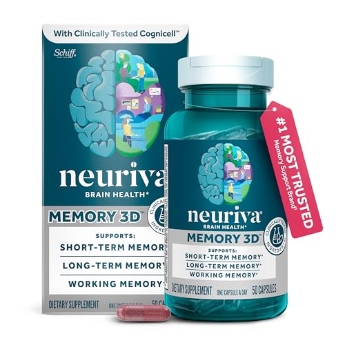 NEURIVA Memory 3D Brain Supplements for Memory and Focus, Vitamin B12 & B6, Folic Acid, 50 Count Capsules