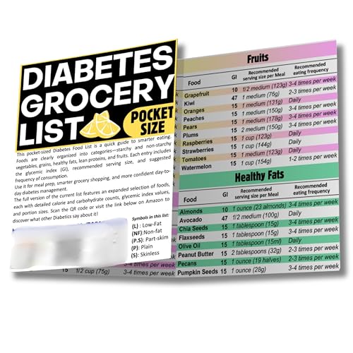 Diabetic Cheat Sheet Laminated. a Printable Type 2 Diabetes Food List Chart and meal planner for Diabetic Meal Planning and grocery shopping. Low Glycemic Index Foods chart for healthy diabetes diet and blood sugar management . Serving size mentioned. Pocket Size.
