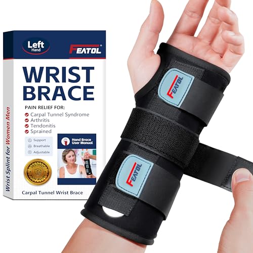 FEATOL Carpal Tunnel Wrist Brace Night Support, Adjustable Left Hand Brace