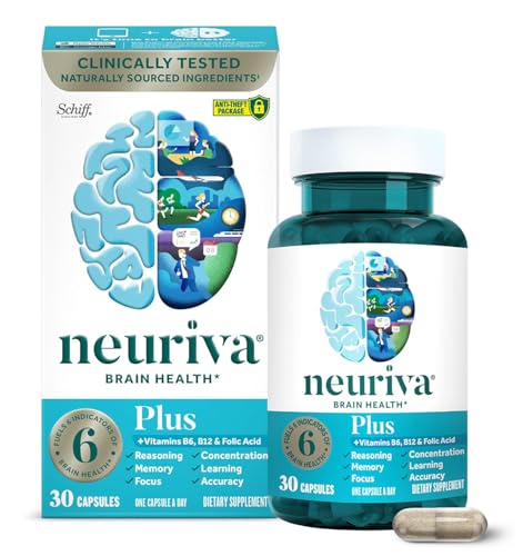 NEURIVA Plus Brain Supplements for Memory and Focus, Clinically Tested Nootropics Neurofactor and Phosphatidylserine, with Vitamin B12, Vitamin B6 and Folic Acid, 30 Count Capsules